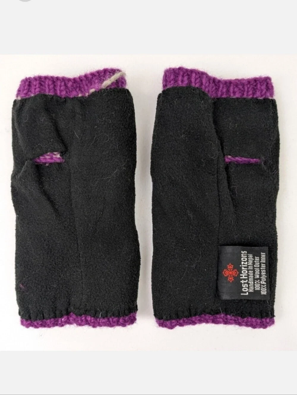 Sundance Lost Horizons Fingerless Mittens Wool Hand Knit Nepal Floral Purple